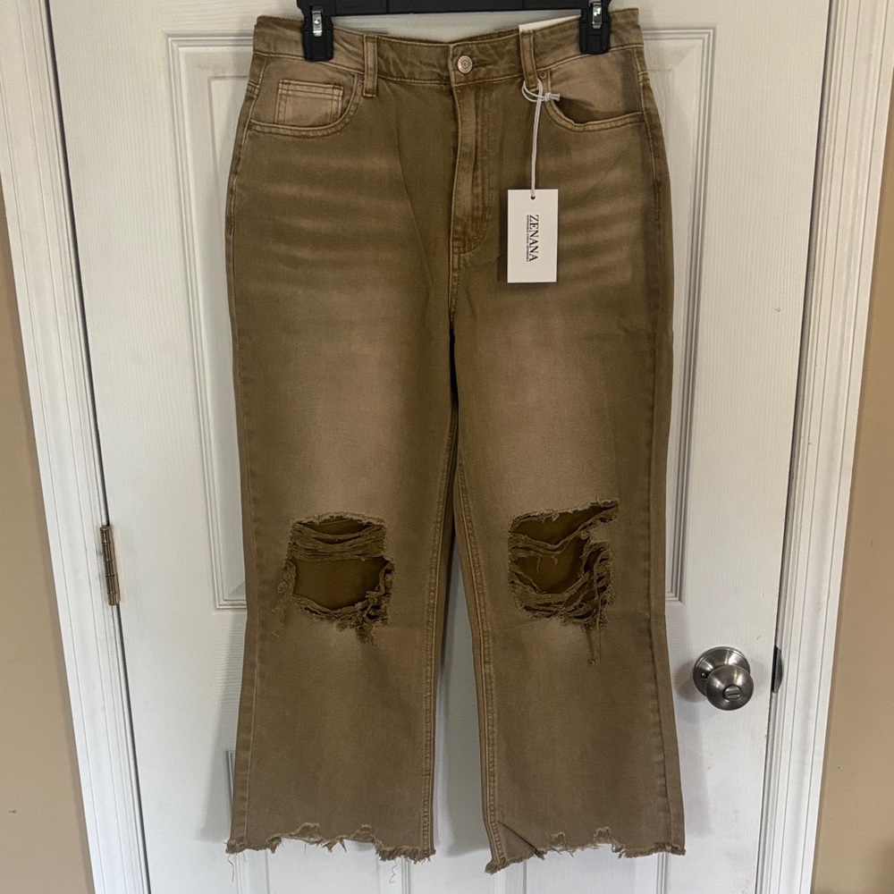 Zenana Olive Distressed Wide-Leg Jeans New with tags
